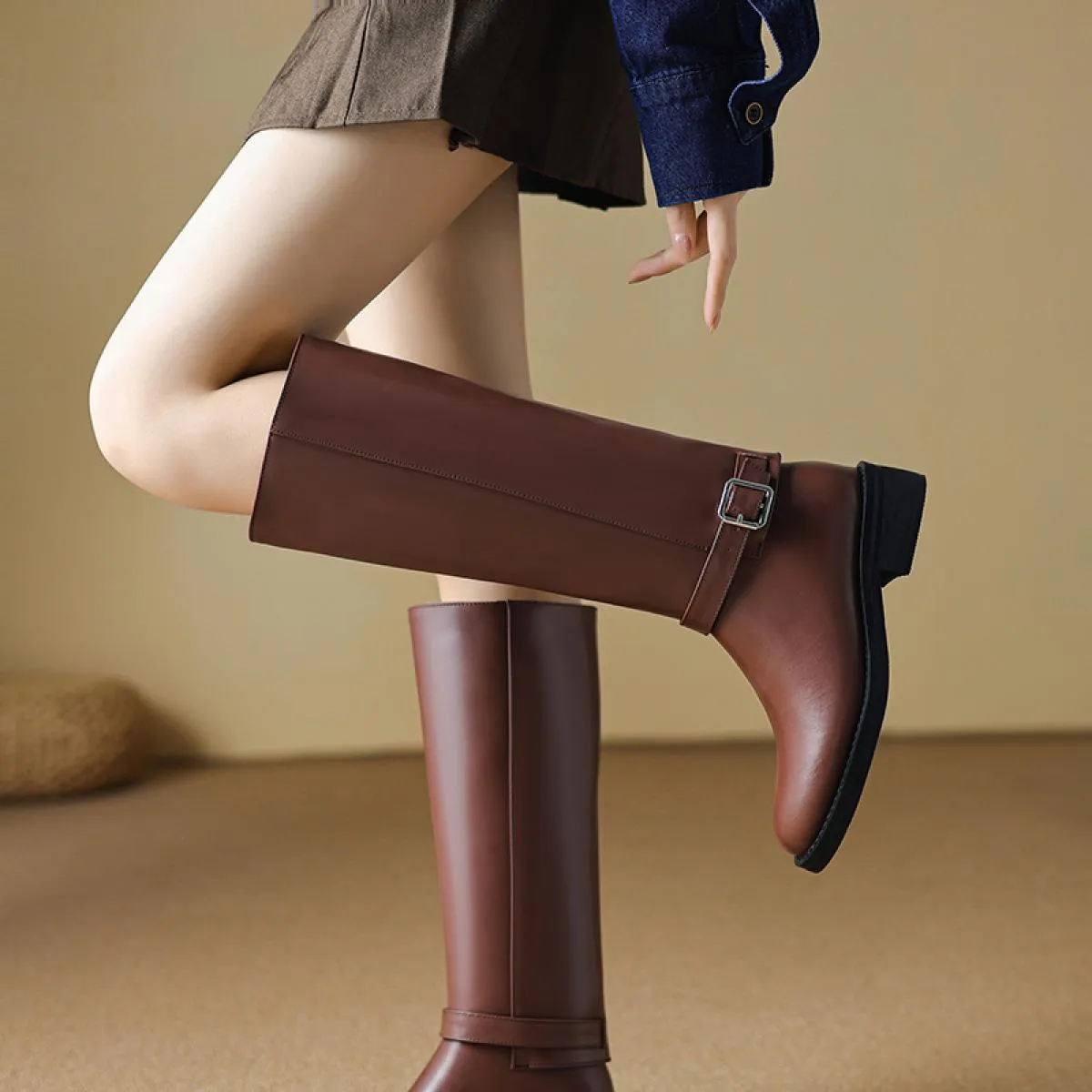 2024 Moda Punta Rotonda Donne Stivali Alti Al Ginocchio Vera Pelle di Spessore Medlow Piattaforma Tacchi Casual Scarpe da Festa