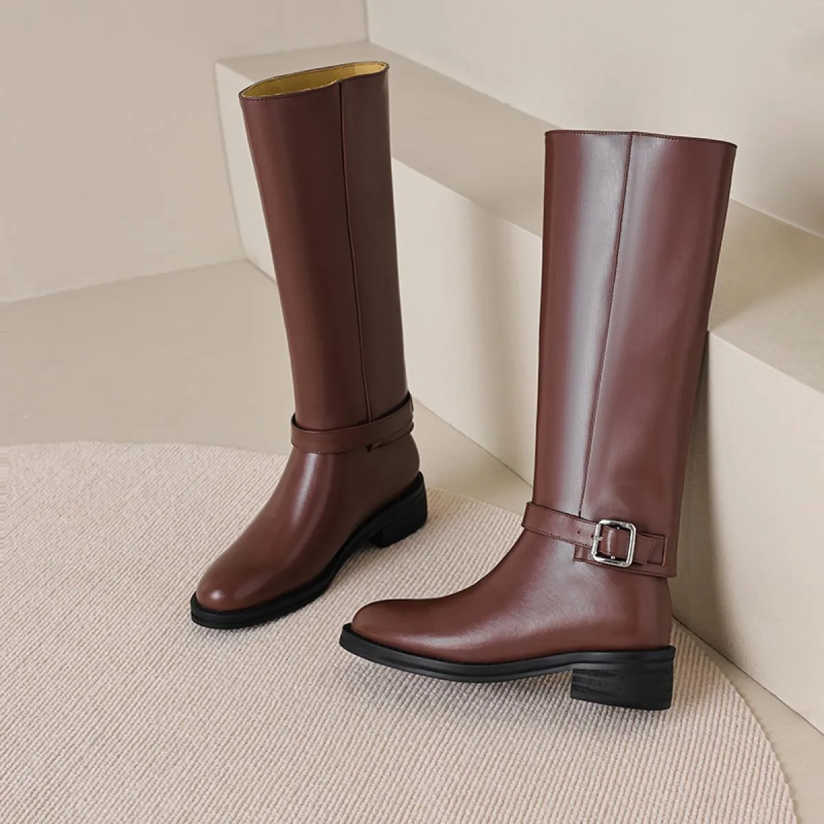 2024 Moda Punta Rotonda Donne Stivali Alti Al Ginocchio Vera Pelle di Spessore Medlow Piattaforma Tacchi Casual Scarpe da Festa