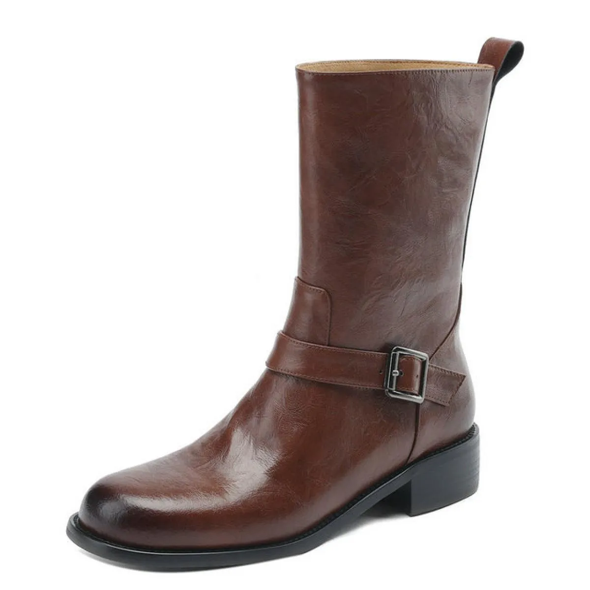 2024 Stivali da donna a metà polpaccio in vera pelle Stivali autunno inverno Tacco quadrato Med Scarpe casual da festa Donna Tag