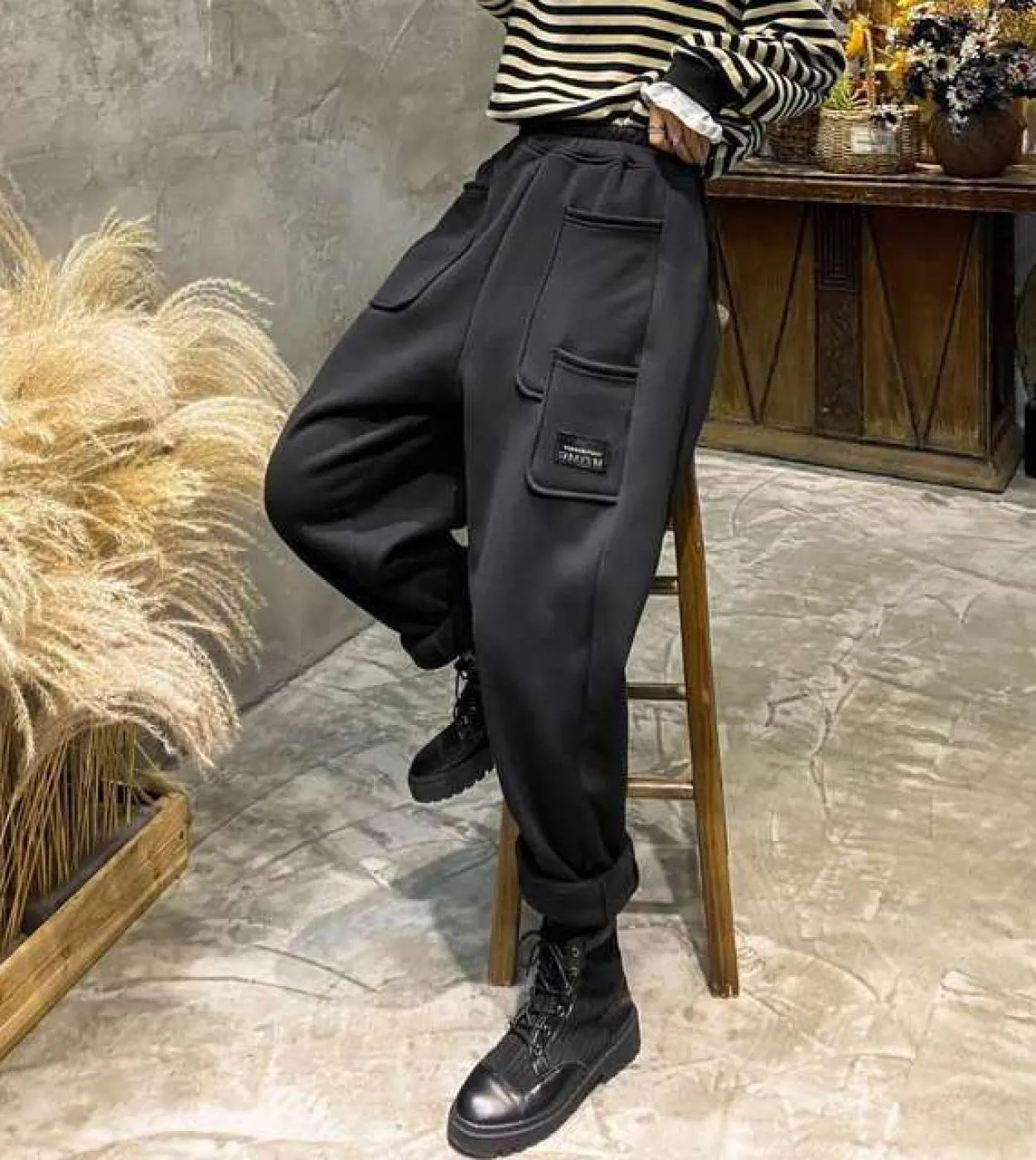 Autunno Inverno New Arts Style Donna Vita elastica Addensare Pantaloni Harem caldi Allmatched Pantaloni larghi alla caviglia cas