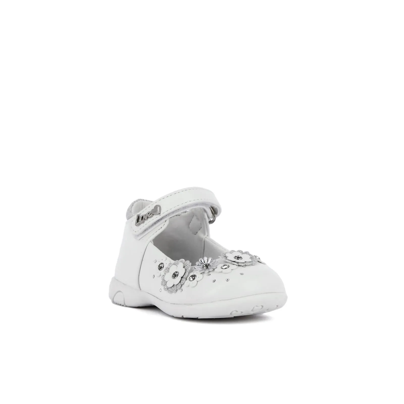 Ballerine bianche da bimba modelo mary jane con velcro e fiori