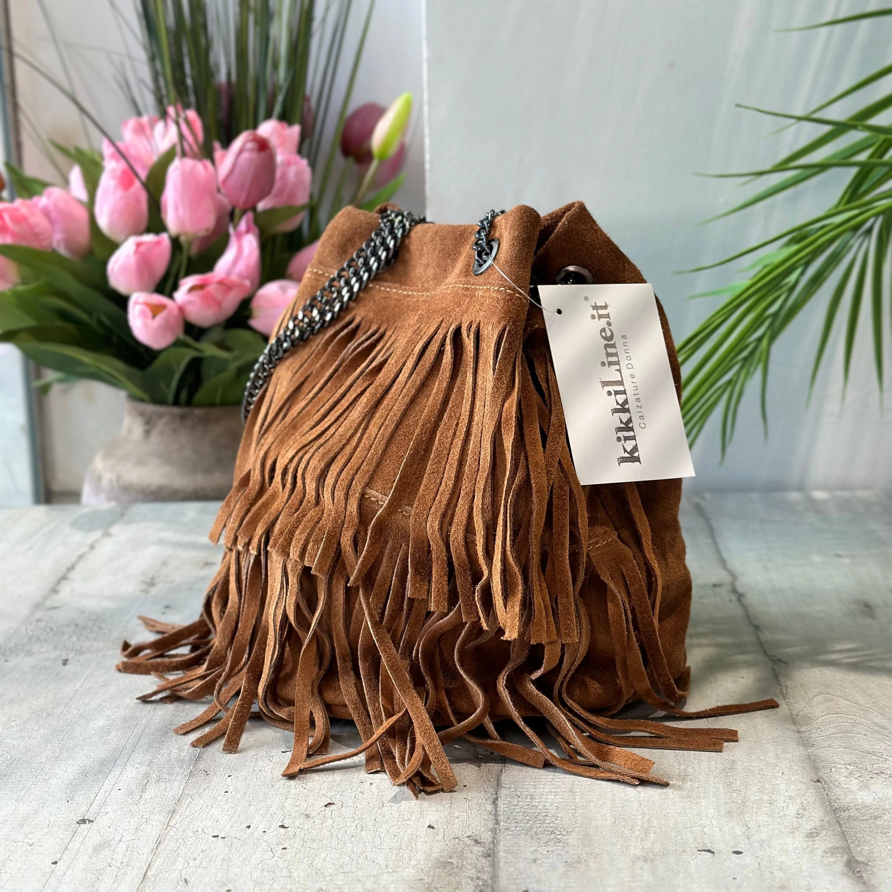 Borsa a Secchiello con Frange Cuoio in Pelle Scamosciata