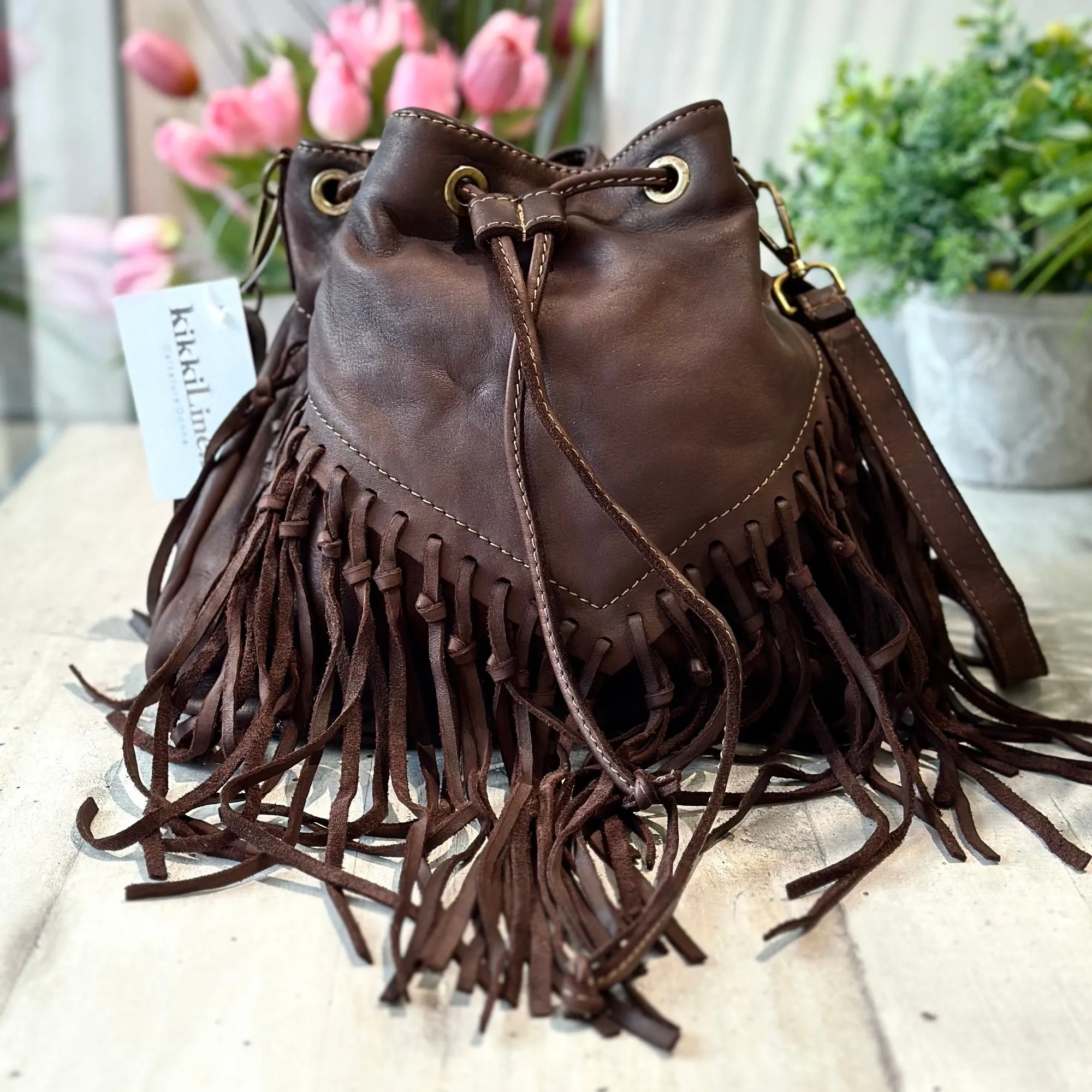 Borsa a Secchiello con Frange Testa di Moro in Pelle Nabuk Vintage