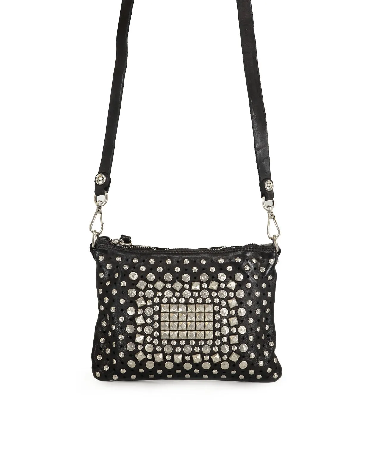 Borsa a tracolla pelle nera mix borchie
