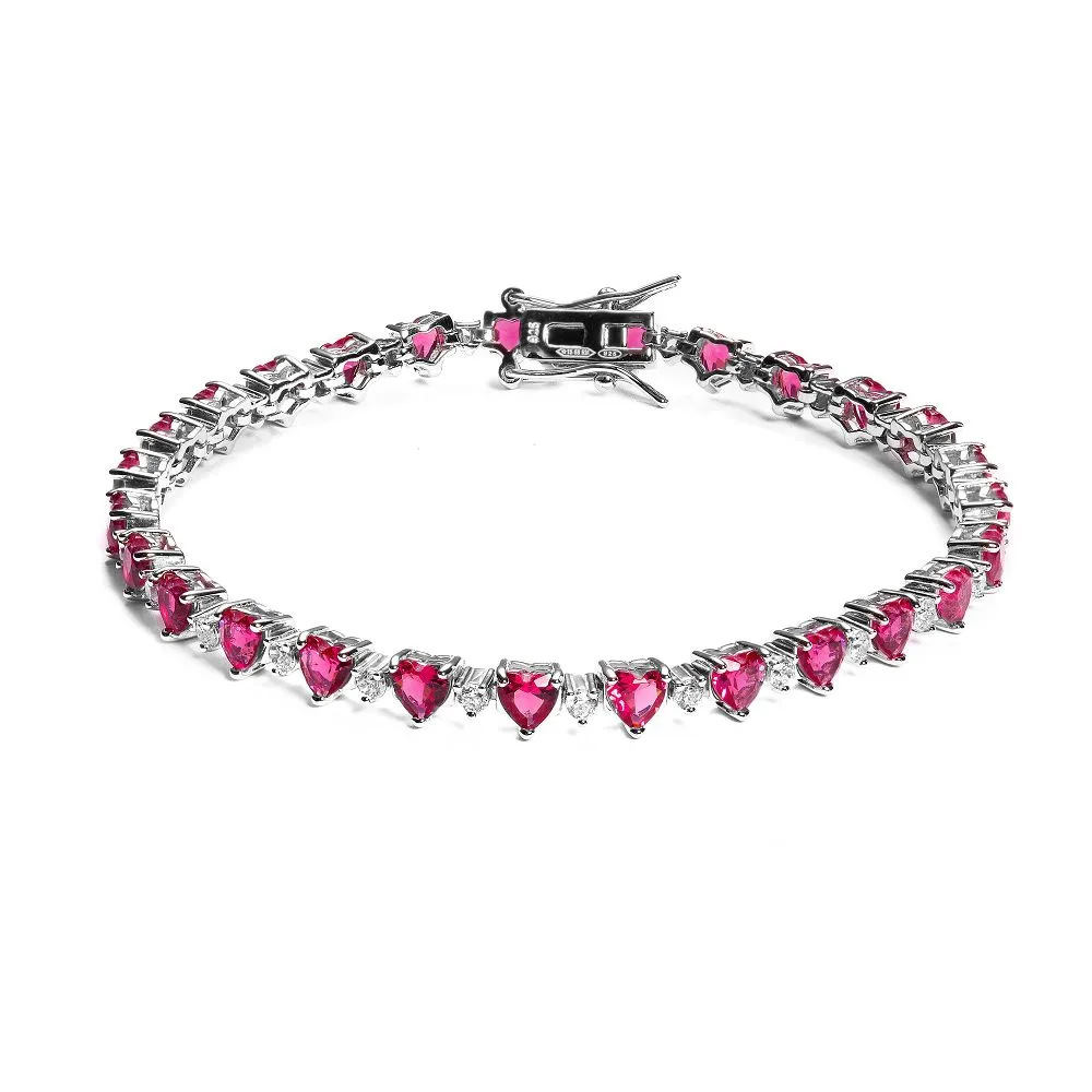 Bracciale Tennis “Cuori” Rubino In Argento 925%