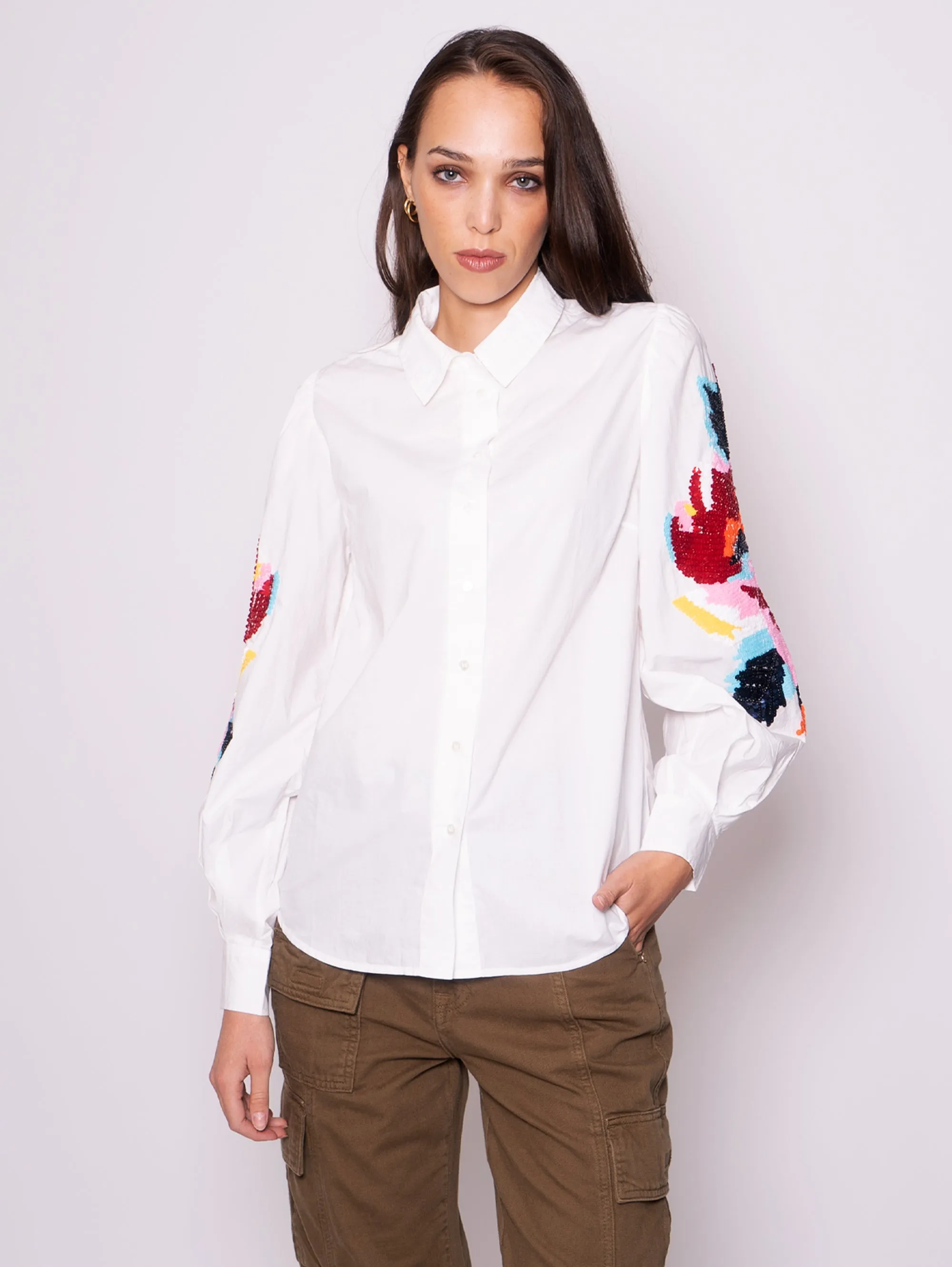 Camicia con Maniche Ricamate Bianco