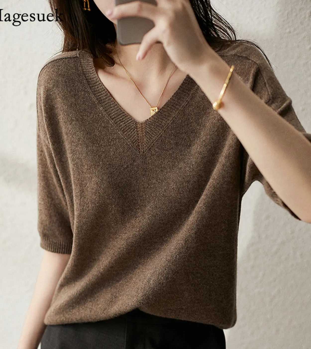 Camicie lavorate a maglia a maniche corte moda Camicetta da donna estiva in cashmere Casual Nuovo ufficio Top allentato Donna Bl