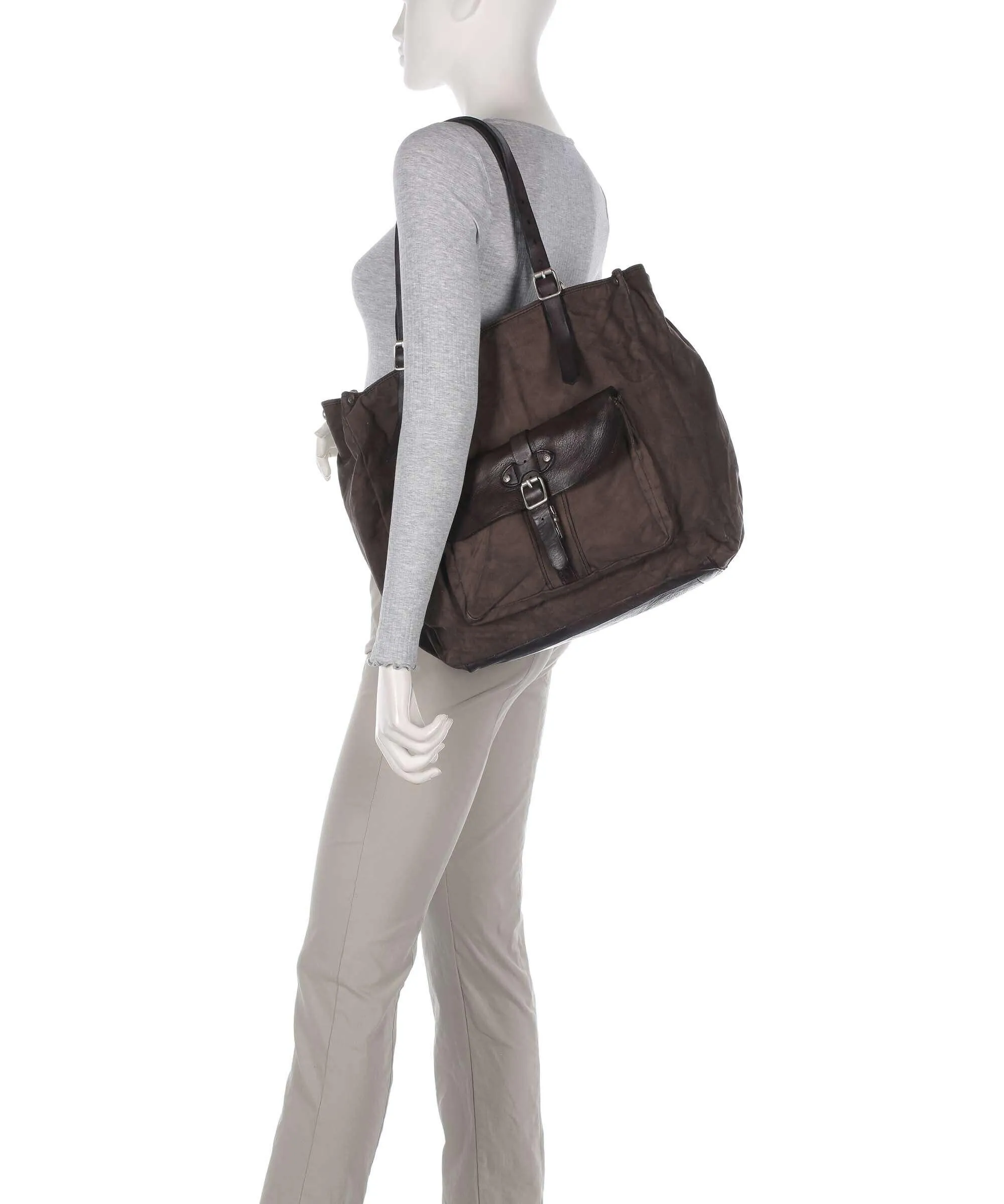  Campomaggi Borsa shopper cotone, pelle di vacchetta grana grigio scuro  