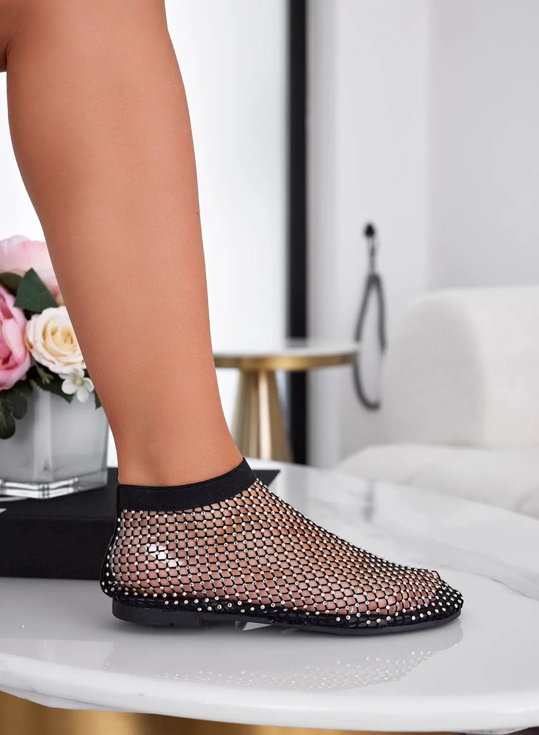 CARLA - Sandali ballerine neri a rete con strass