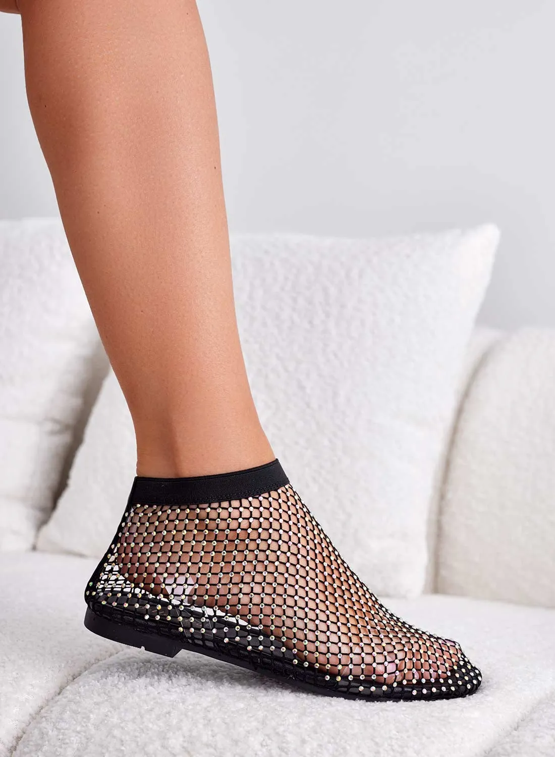 CARLA - Sandali ballerine neri a rete con strass
