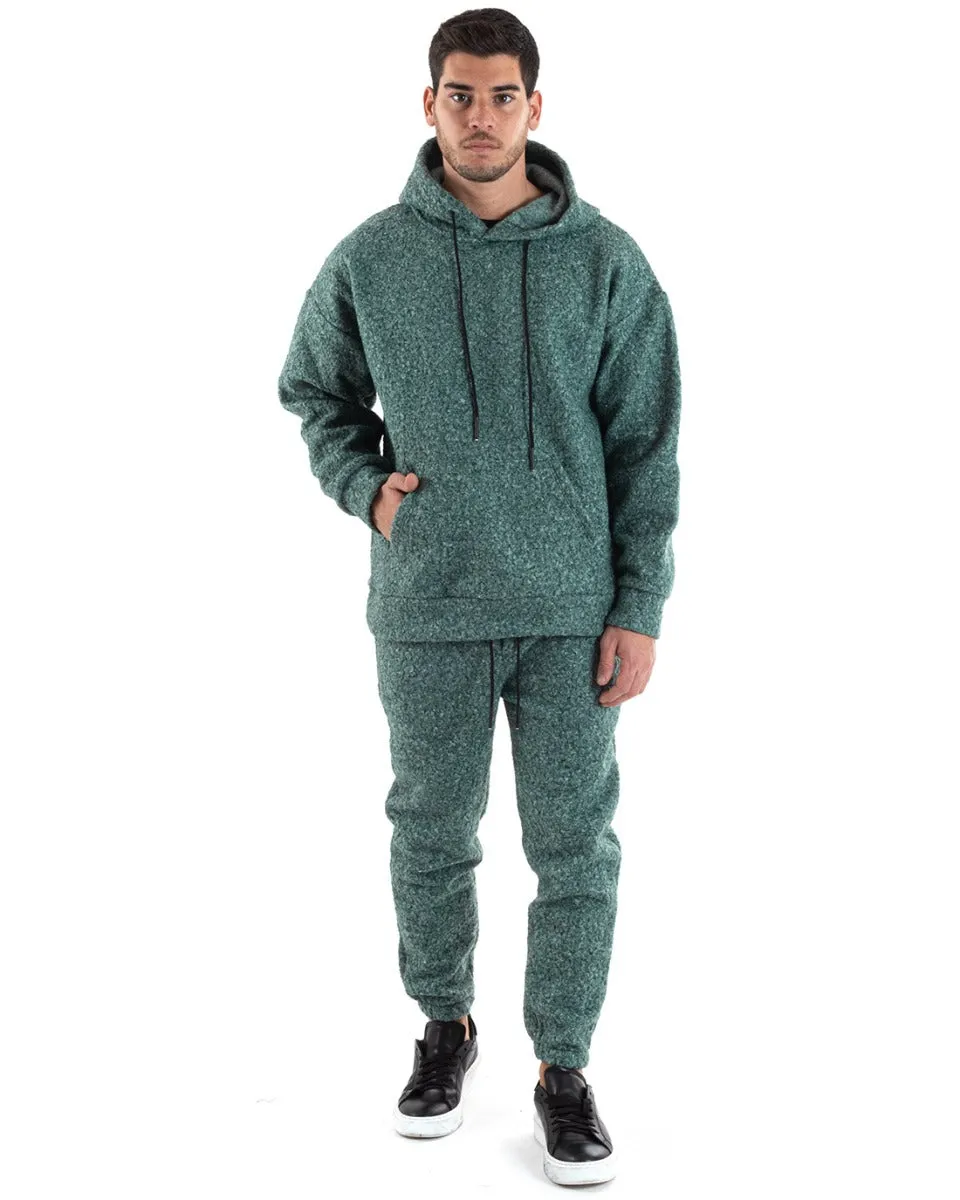 Completo Tuta Uomo Verde Relaxed Fit Teddy Pelliccia Felpa Con Cappuccio Pantaloni GIOSAL-OU2226A