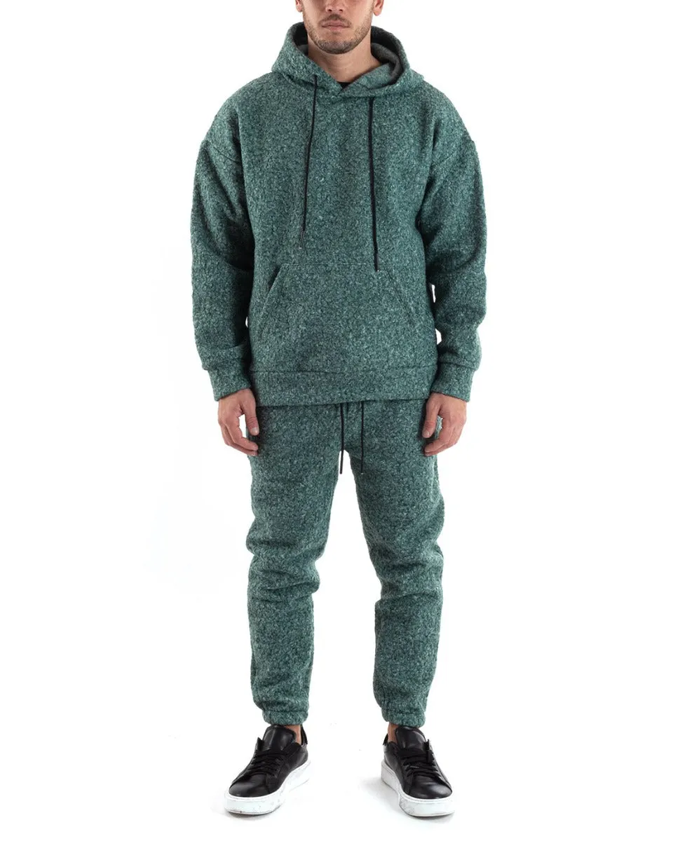 Completo Tuta Uomo Verde Relaxed Fit Teddy Pelliccia Felpa Con Cappuccio Pantaloni GIOSAL-OU2226A