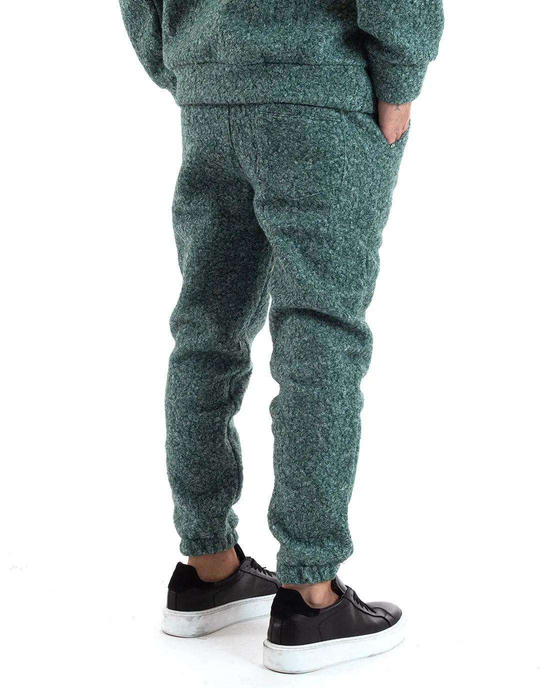 Completo Tuta Uomo Verde Relaxed Fit Teddy Pelliccia Felpa Con Cappuccio Pantaloni GIOSAL-OU2226A