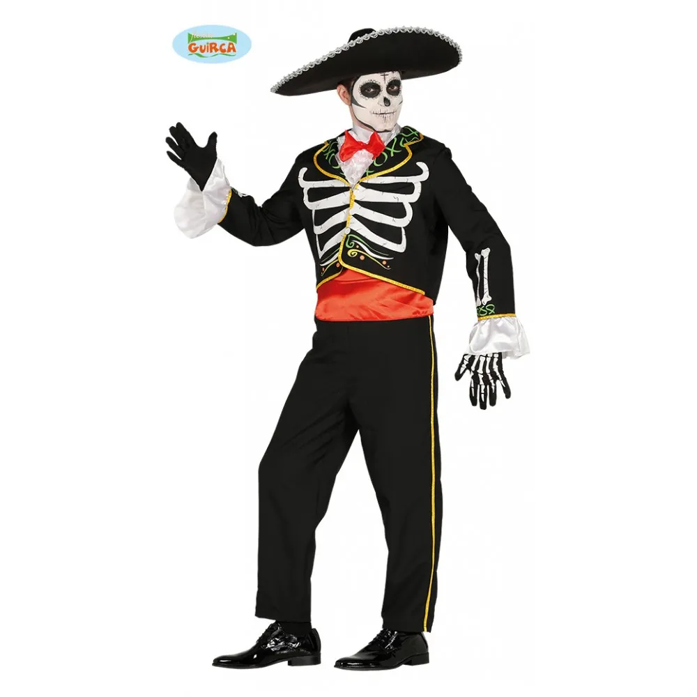 Costume  Scheletro Messicano Ossa Teschio Uomo Torero Sombrero Colorato Tutina Adulto Halloween