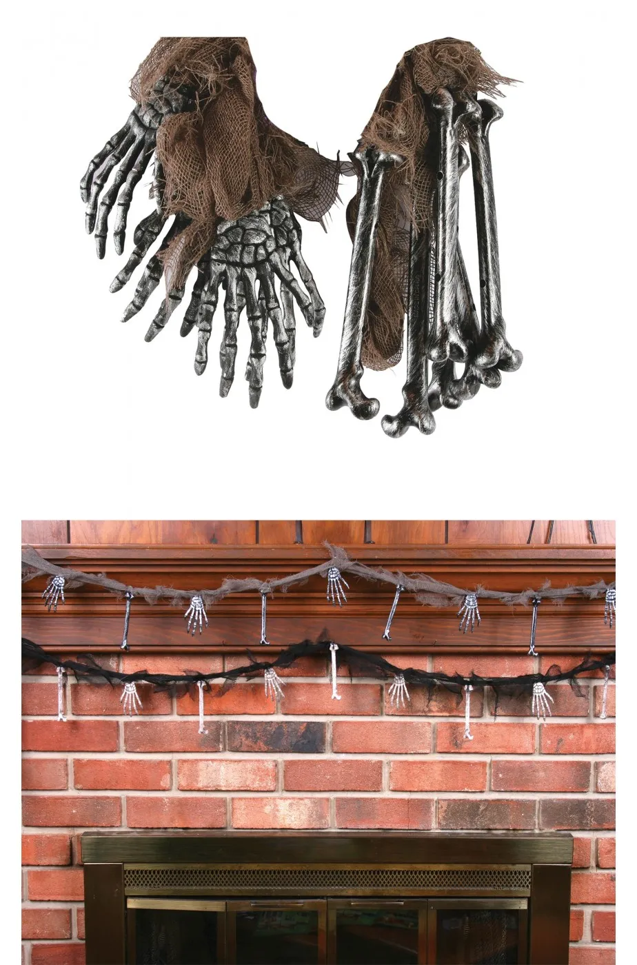 Decorazione Halloween da appendere ossa e mani sudario grigia