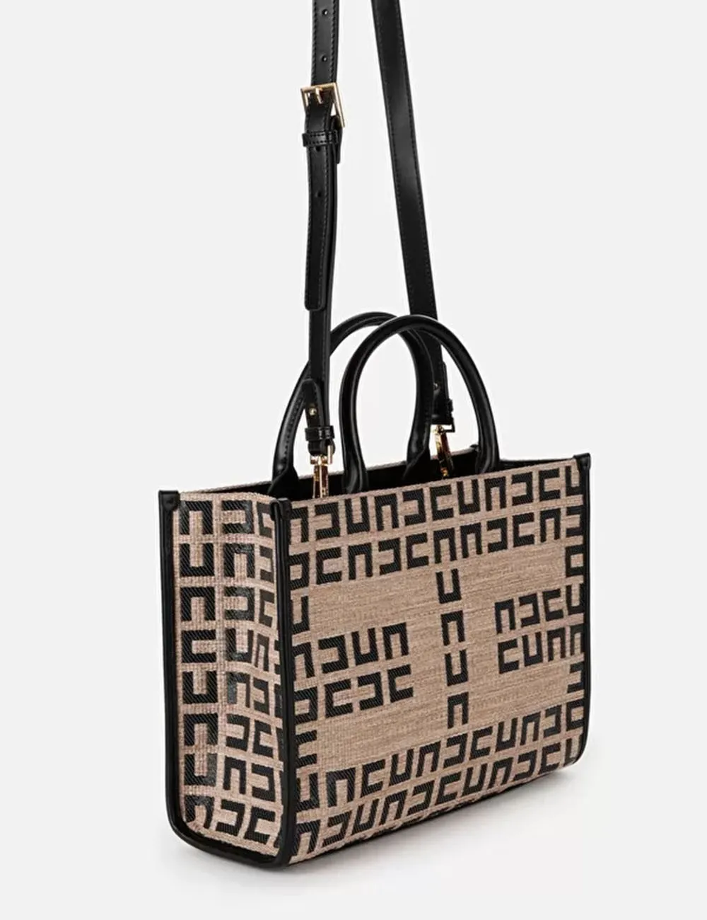 Elisabetta Franchi     Borsa Shopper piccola in rafia Tortora/Nero