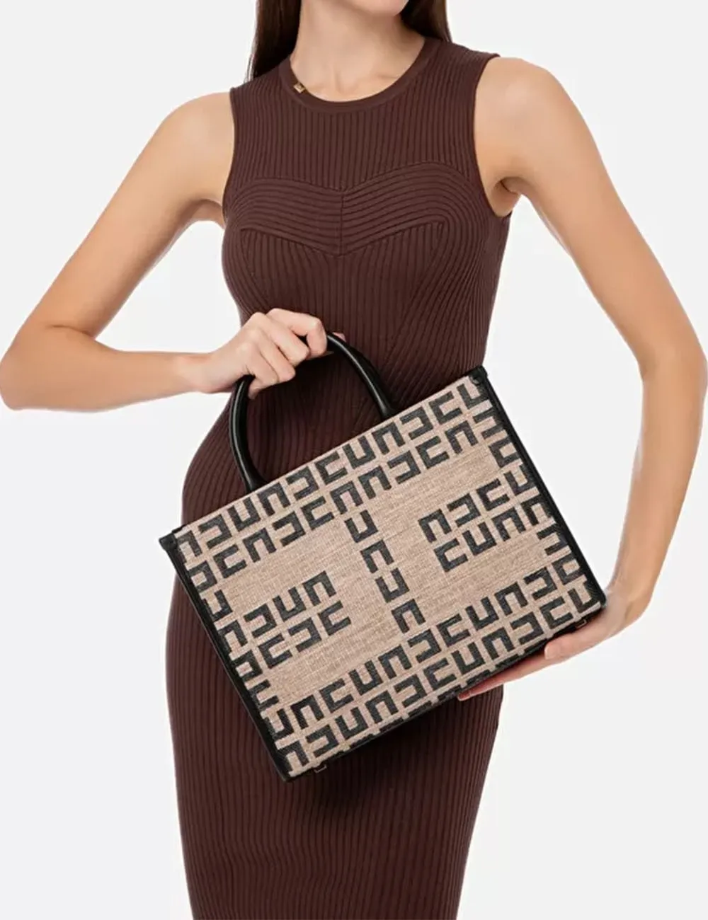 Elisabetta Franchi     Borsa Shopper piccola in rafia Tortora/Nero