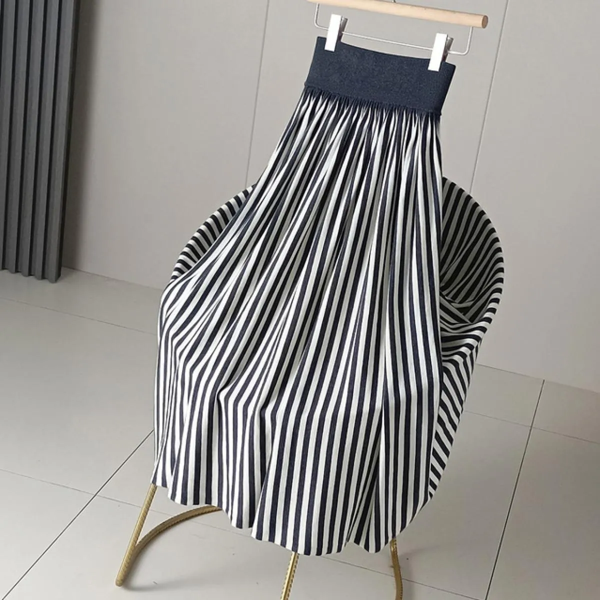 Gonna lunga lavorata a maglia con motivo a righe vintage da donna, ampia vita alta, misto lana, gonne a linea alta, regalo di Na