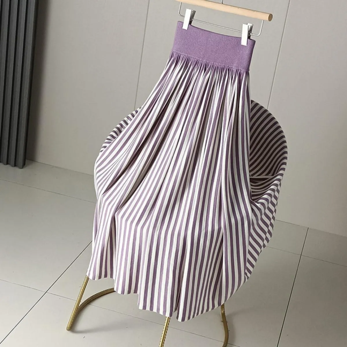 Gonna lunga lavorata a maglia con motivo a righe vintage da donna, ampia vita alta, misto lana, gonne a linea alta, regalo di Na