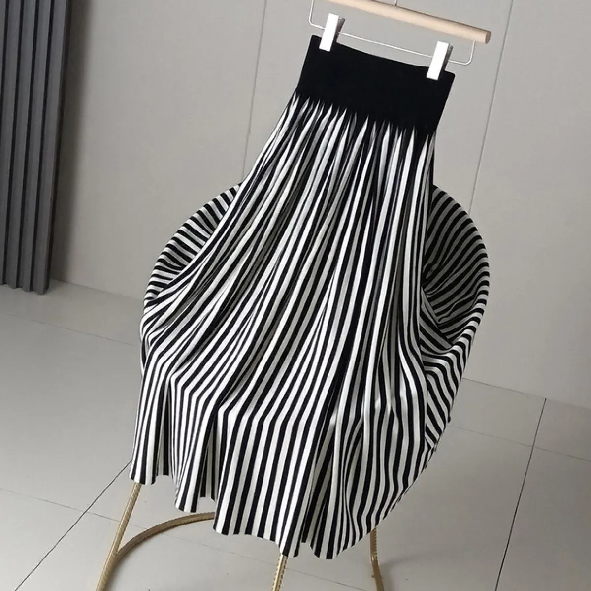 Gonna lunga lavorata a maglia con motivo a righe vintage da donna, ampia vita alta, misto lana, gonne a linea alta, regalo di Na