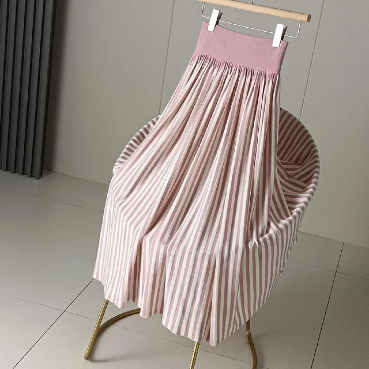 Gonna lunga lavorata a maglia con motivo a righe vintage da donna, ampia vita alta, misto lana, gonne a linea alta, regalo di Na