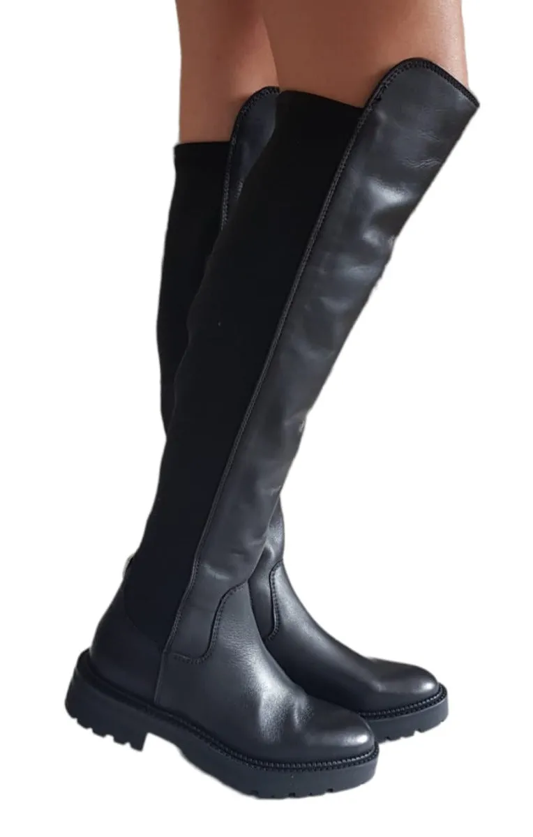Guess stivale alto sopra il ginocchio tacco alto 4 cm. pelle e tessuto elasticizzato Blak Black rif.G670