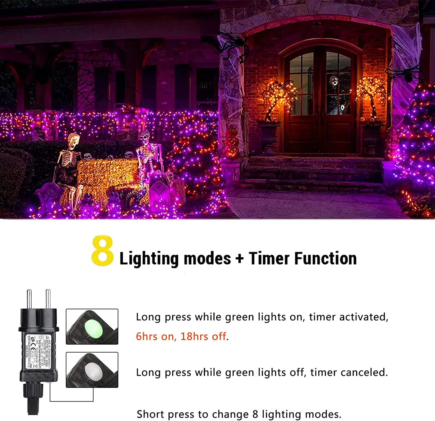 Halloween Luci Arancia+Viola - NEXVIN 25M 200LED Catena Luminosa con 8 Modalità, Funzione Timer e Memoria, Collegabile, Hallowee