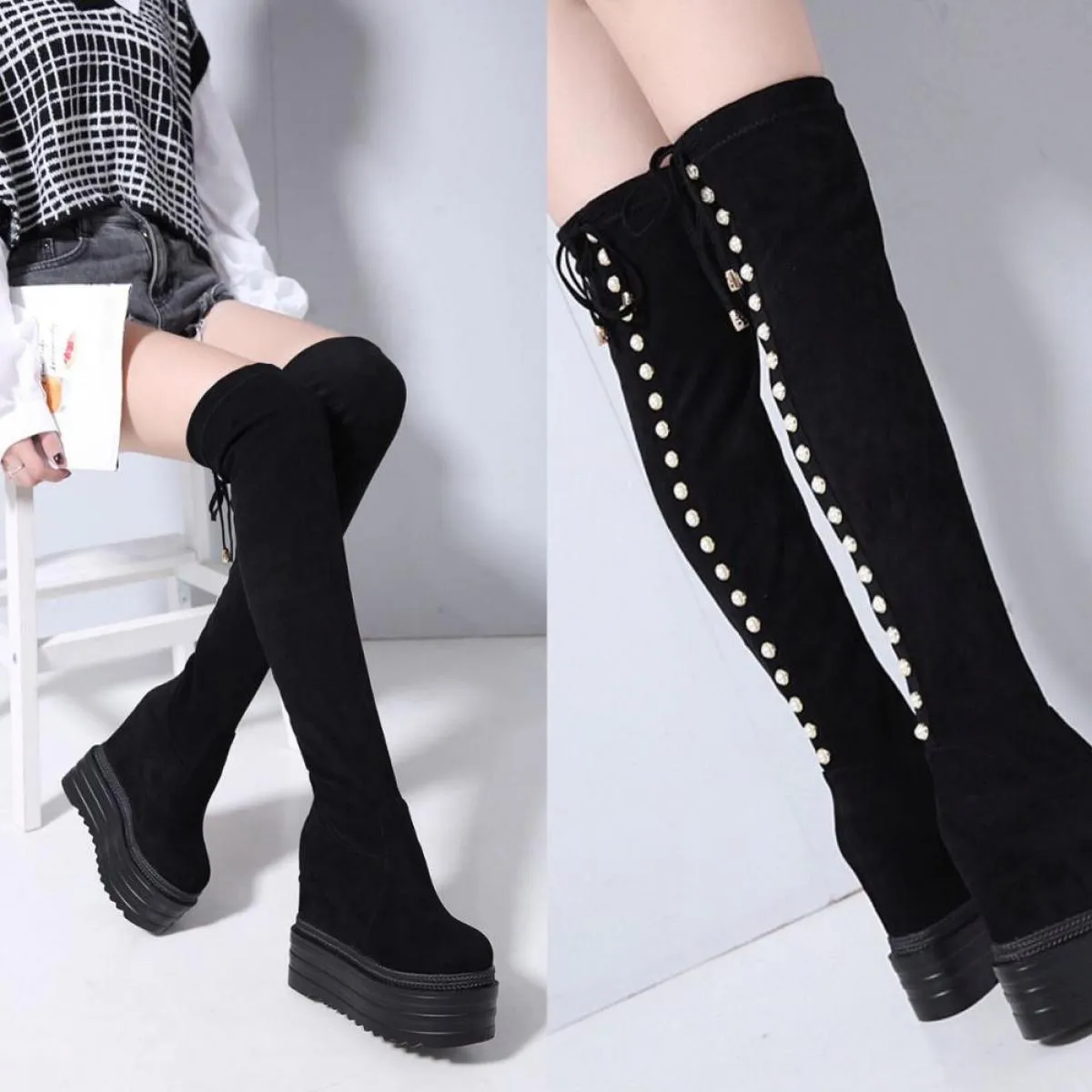 Inverno Nuovo aumento all'interno di zeppe sopra gli stivali al ginocchio Stivali lunghi con suola spessa 13 cm Stivali da donna