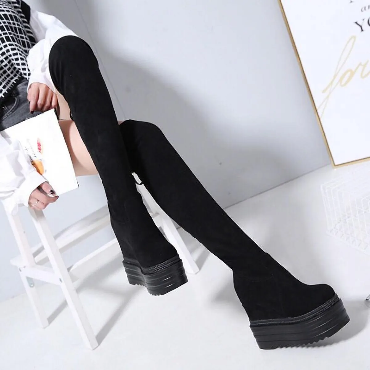 Inverno Nuovo aumento all'interno di zeppe sopra gli stivali al ginocchio Stivali lunghi con suola spessa 13 cm Stivali da donna