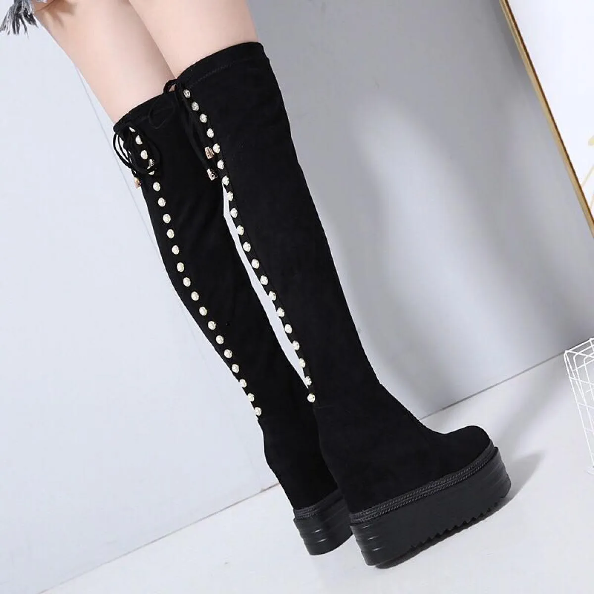 Inverno Nuovo aumento all'interno di zeppe sopra gli stivali al ginocchio Stivali lunghi con suola spessa 13 cm Stivali da donna
