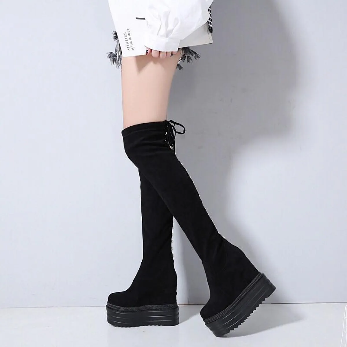 Inverno Nuovo aumento all'interno di zeppe sopra gli stivali al ginocchio Stivali lunghi con suola spessa 13 cm Stivali da donna