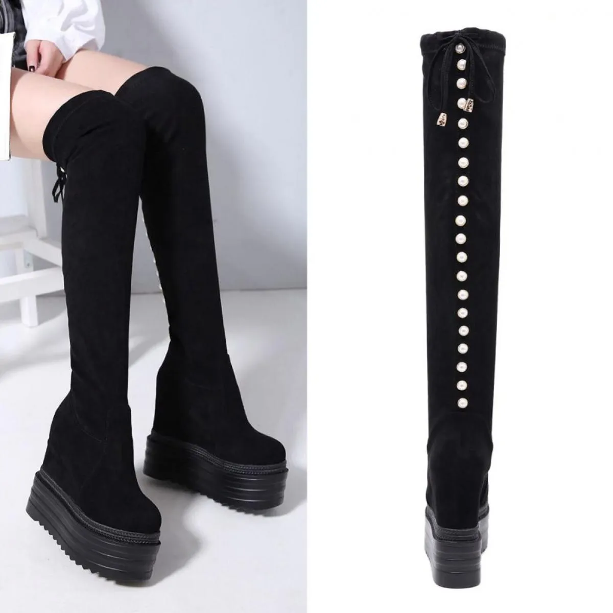Inverno Nuovo aumento all'interno di zeppe sopra gli stivali al ginocchio Stivali lunghi con suola spessa 13 cm Stivali da donna