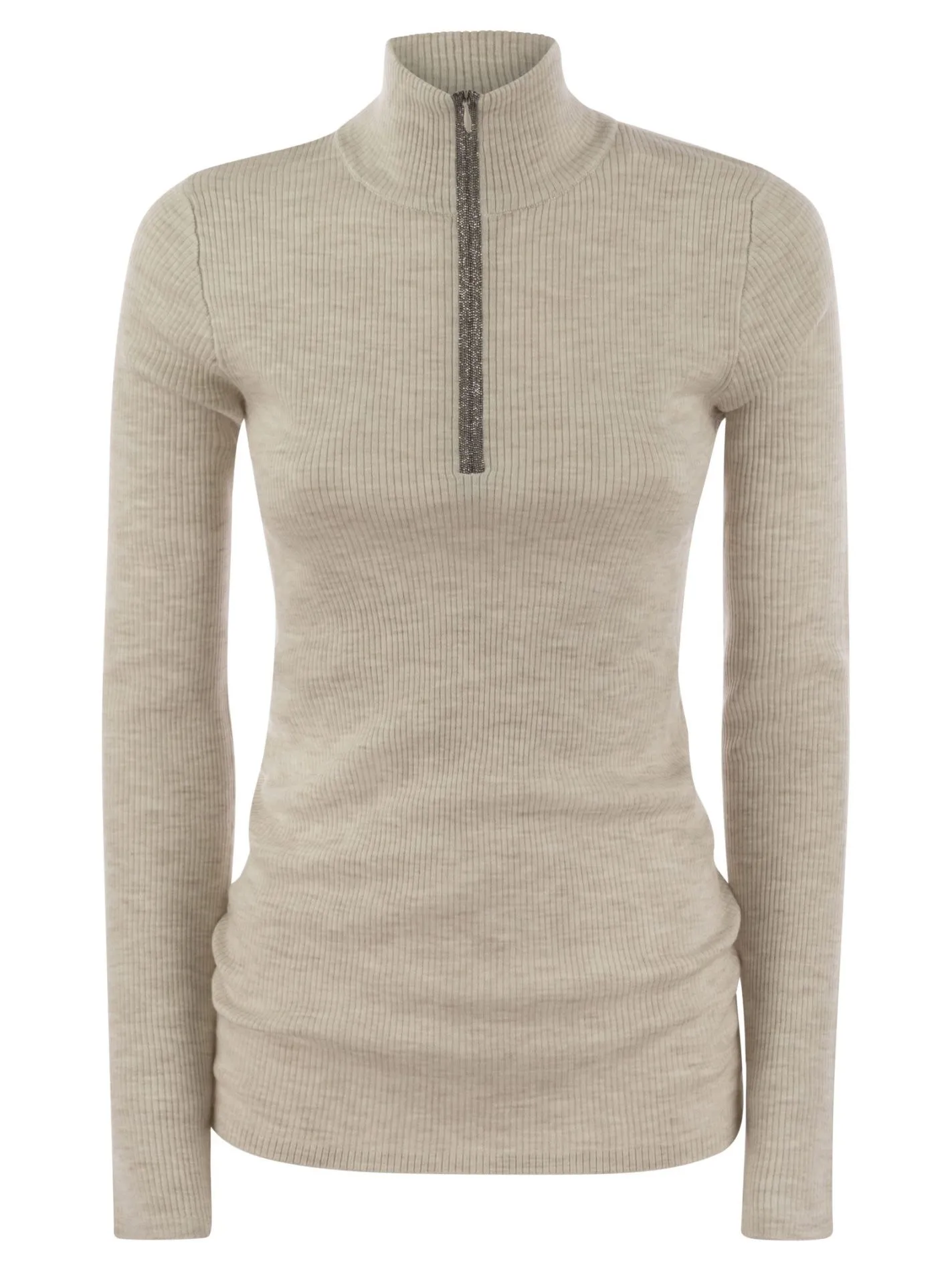 Maglia leggera in lana vergine e cashmere a coste con Precious Half Zip