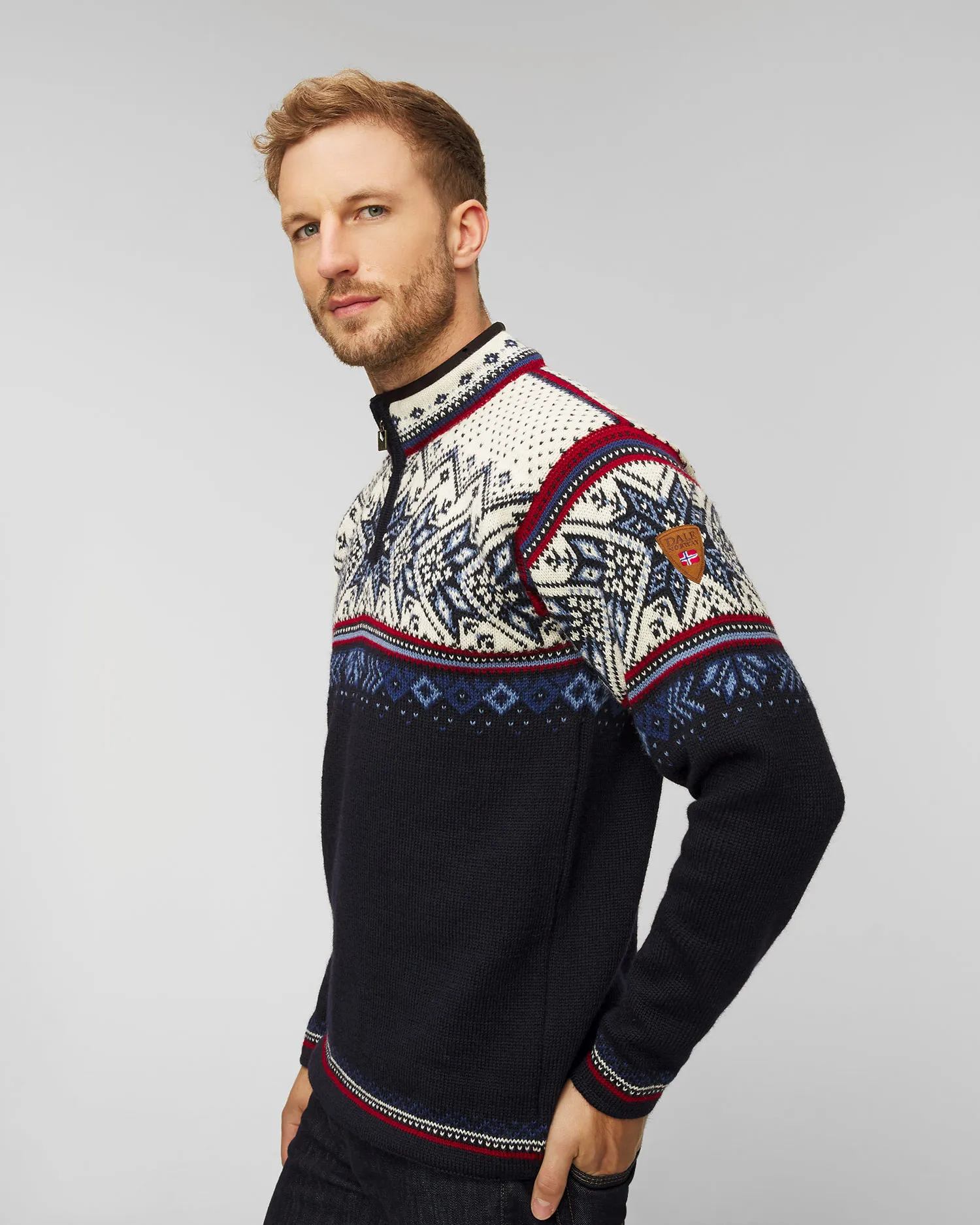 Maglione di lana DALE OF NORWAY VAIL 90331-midnightnavyredroseoffwhite