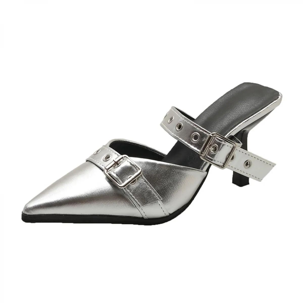 Nuova estate punk goth fibbia in metallo sandali con tacco alto donna punta a punta argento scarpe da festa sandalo con tacco so