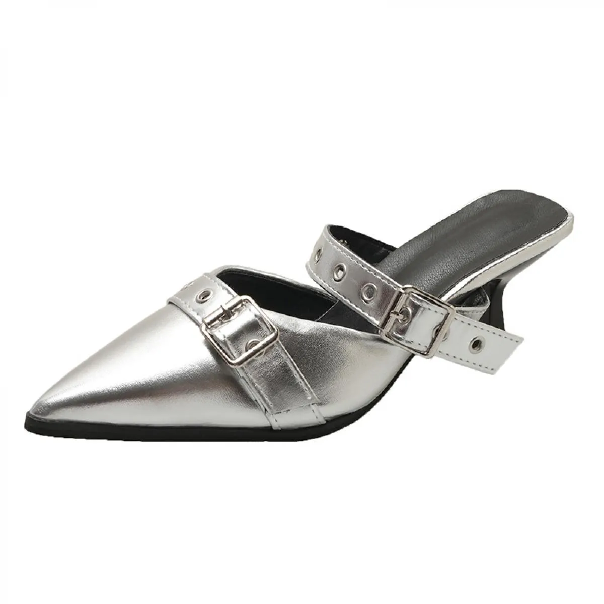Nuova estate punk goth fibbia in metallo sandali con tacco alto donna punta a punta argento scarpe da festa sandalo con tacco so