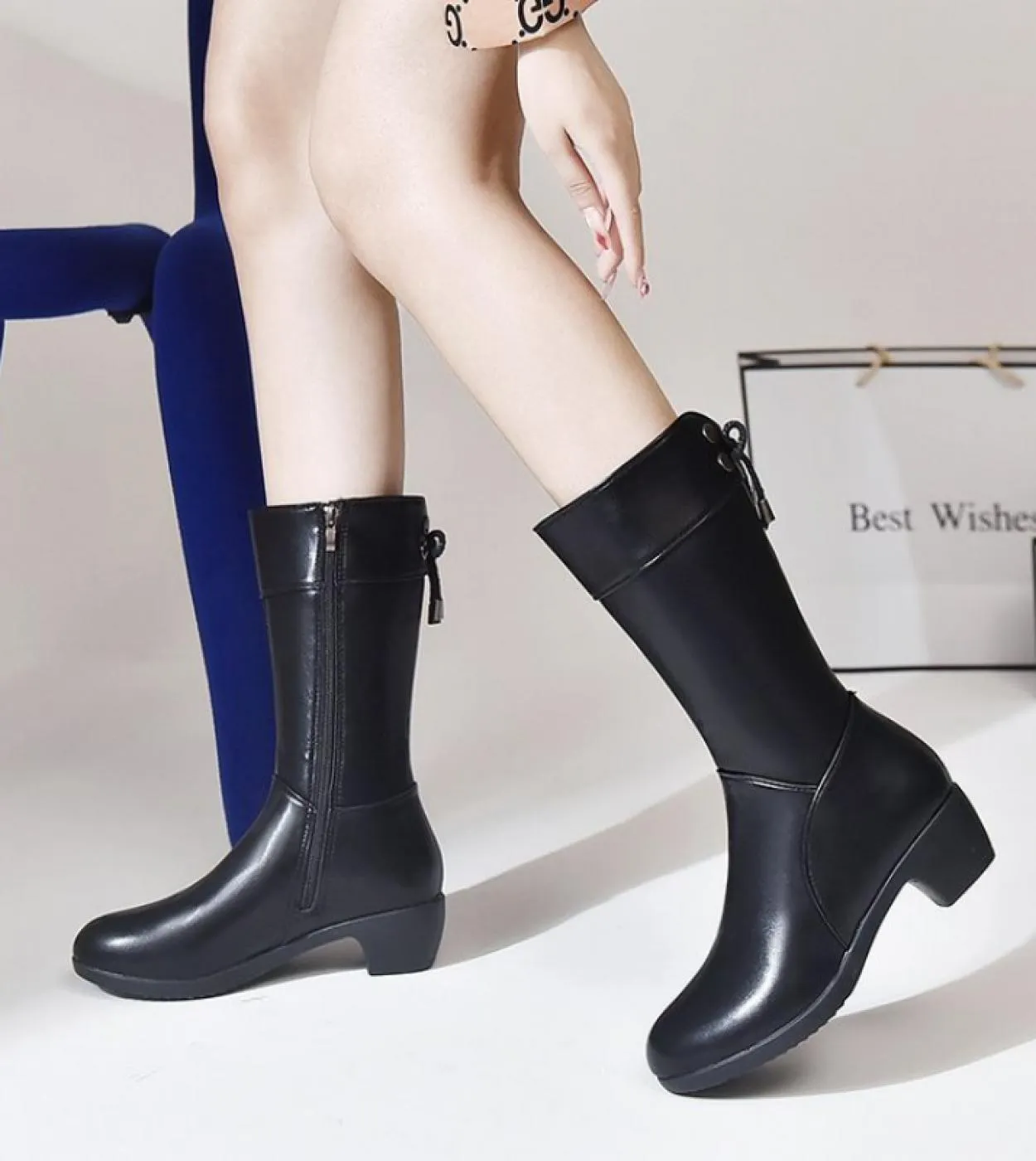 Nuove scarpe da donna in peluche stivali da donna moda stivali al ginocchio in pelle con cerniera a punta tonda 2022 stivali mod