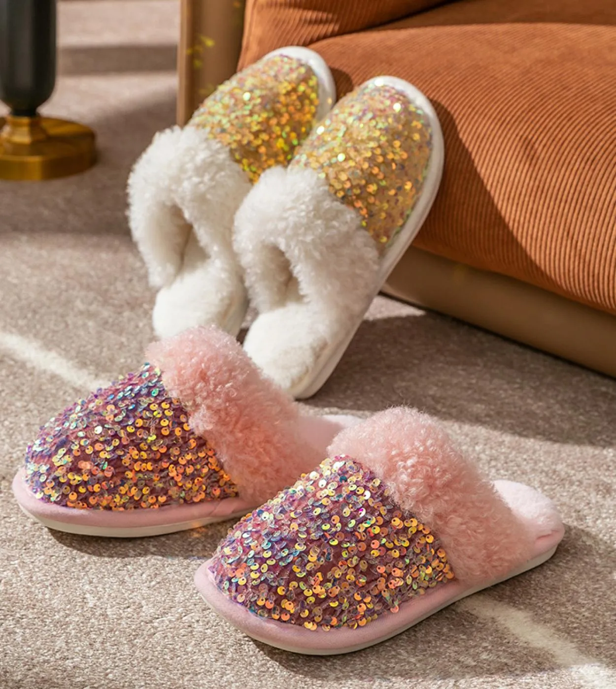 Pantofole invernali per la casa Diamond Bling Pantofole invernali per la casa Pantofole in pelliccia da donna