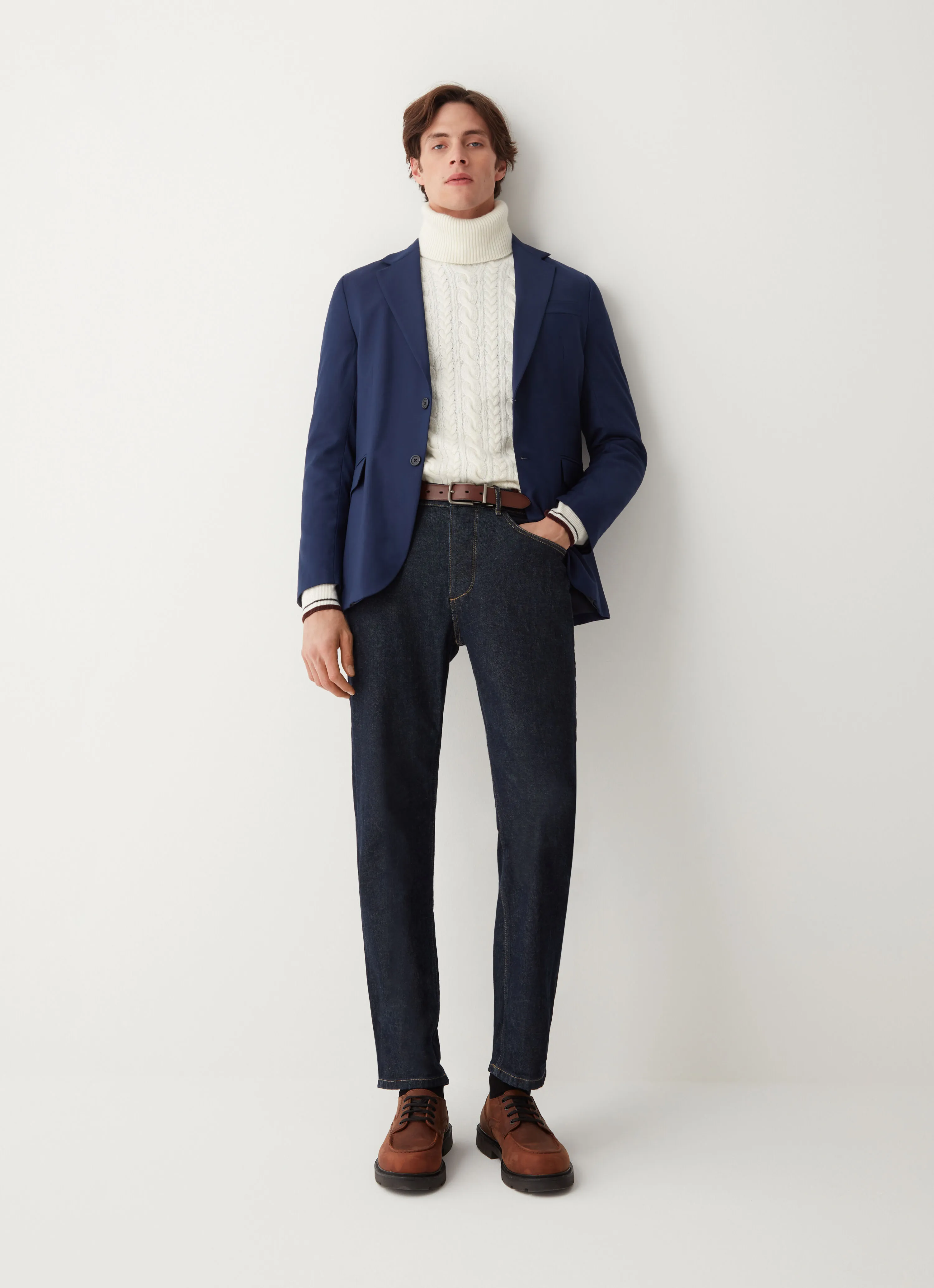 Polo-neck cable-knit pullover