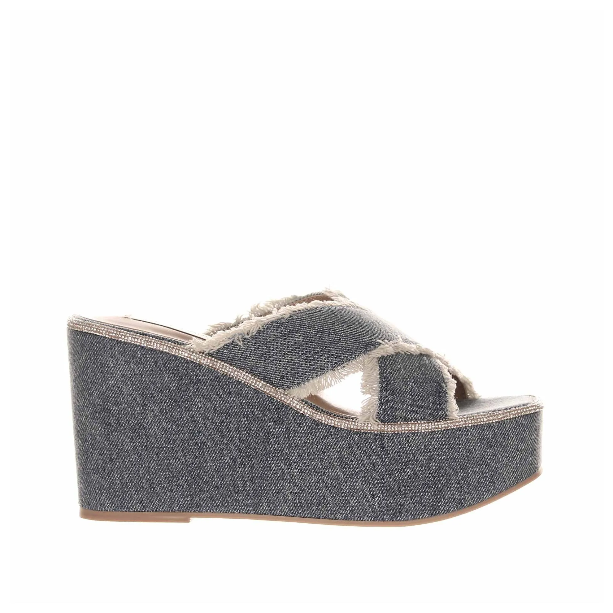 Sabot con zeppa in denim con strass