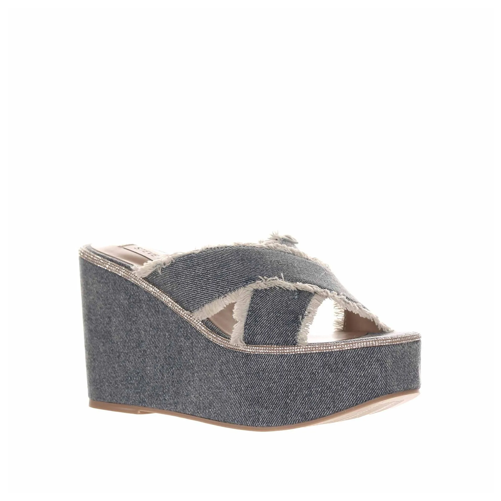 Sabot con zeppa in denim con strass