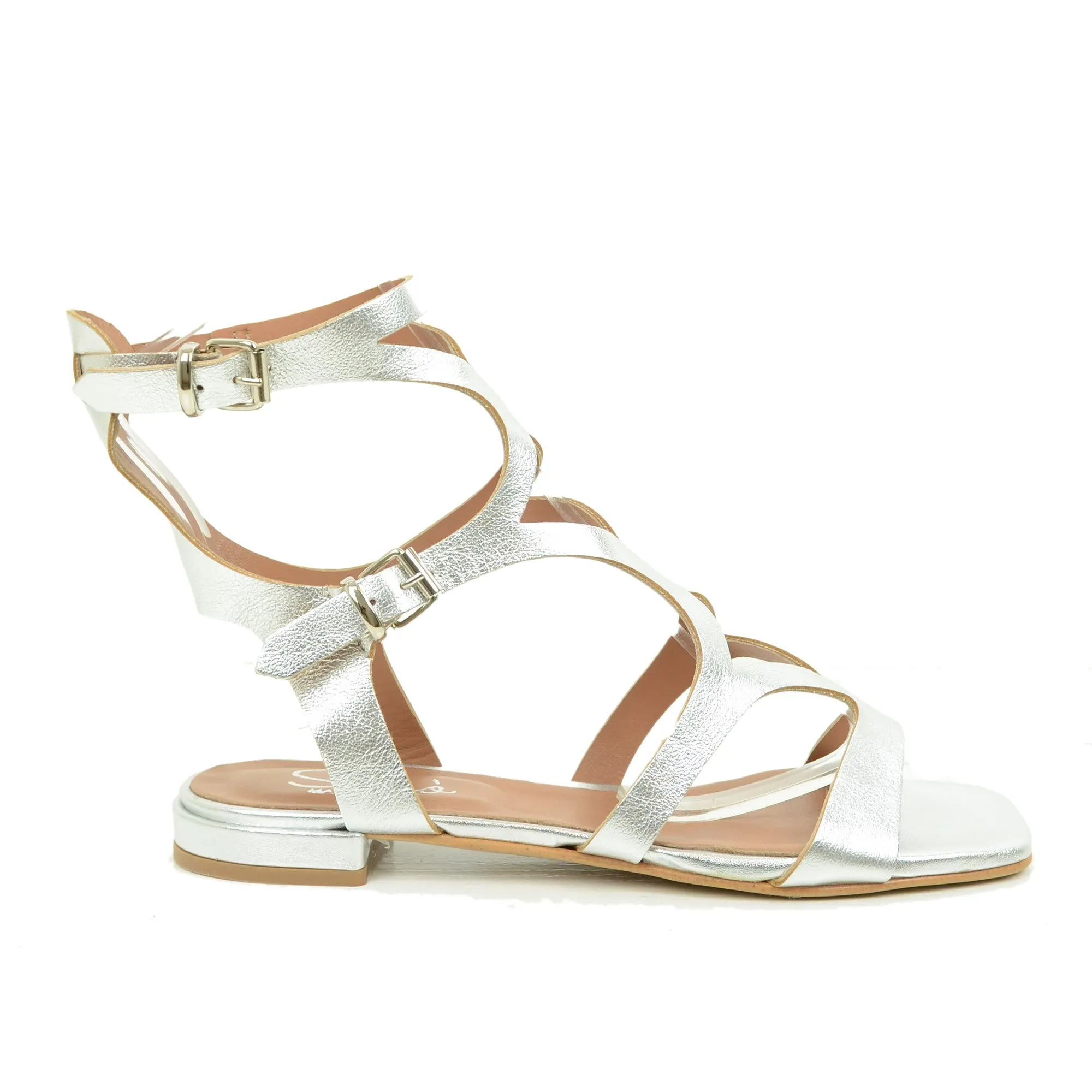 Sandali Donna Gladiatore in Pelle Laminata color Argento