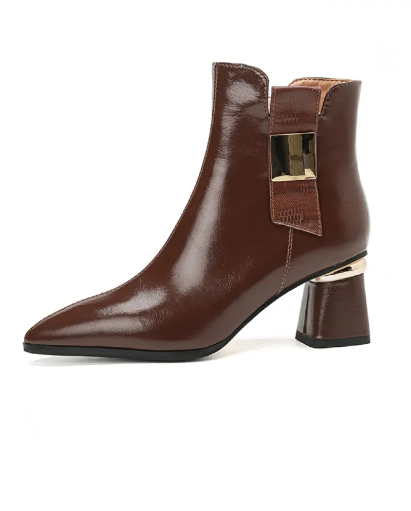 Scarpe da donna fatte a mano Autunno e inverno Nuovi stivali corti con tacco spesso Stivali con punta a punta con cerniera later
