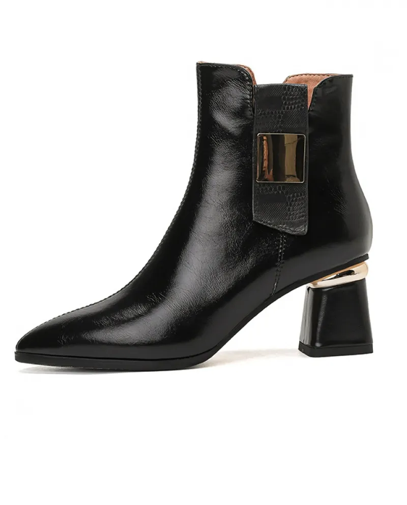 Scarpe da donna fatte a mano Autunno e inverno Nuovi stivali corti con tacco spesso Stivali con punta a punta con cerniera later