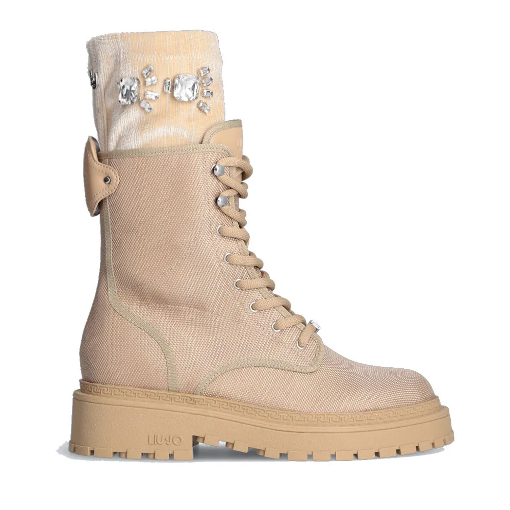 Scarpe Donna LIU JO Rumi 05 Anfibi in Nylon Beige con Ghetta Gioiello Removibile