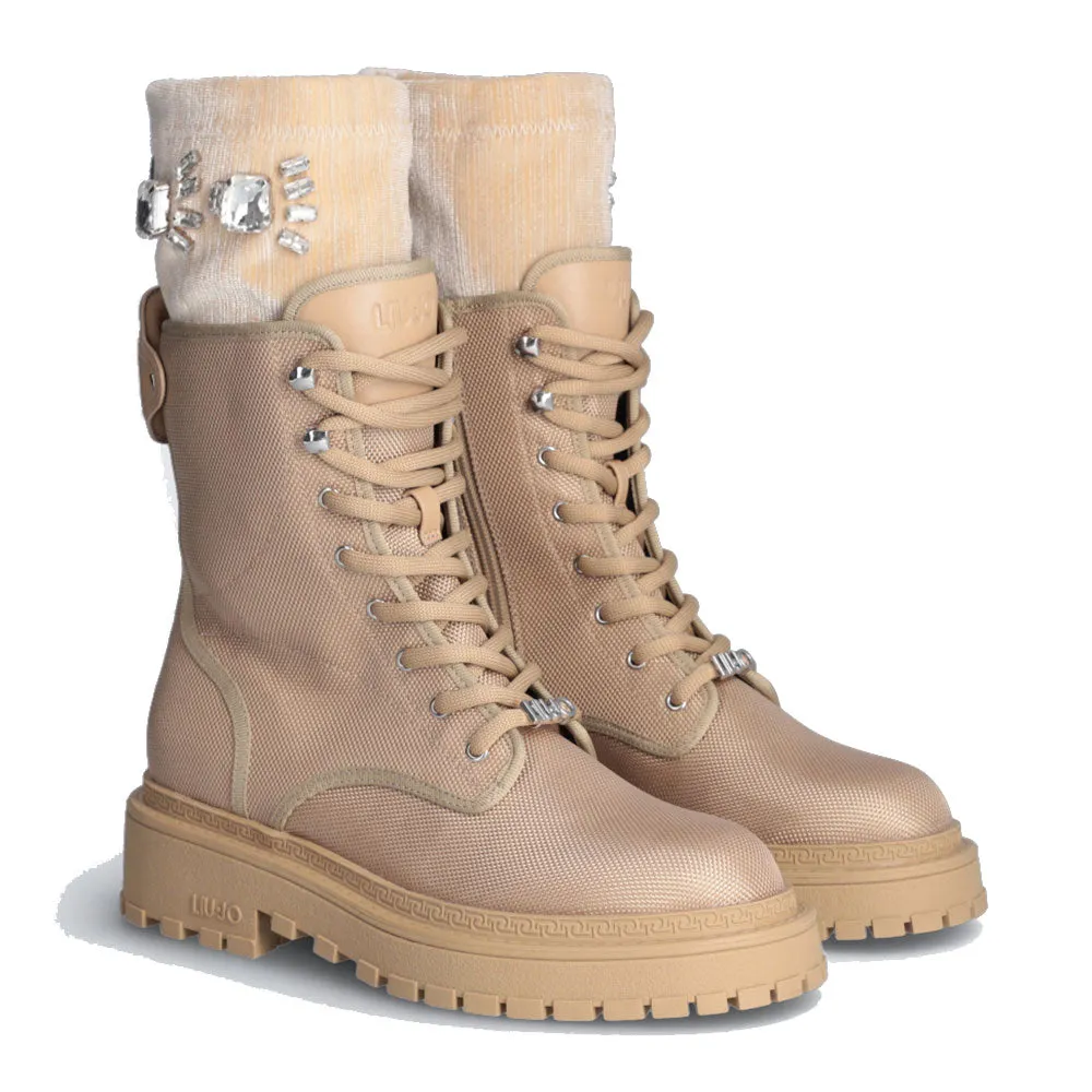 Scarpe Donna LIU JO Rumi 05 Anfibi in Nylon Beige con Ghetta Gioiello Removibile