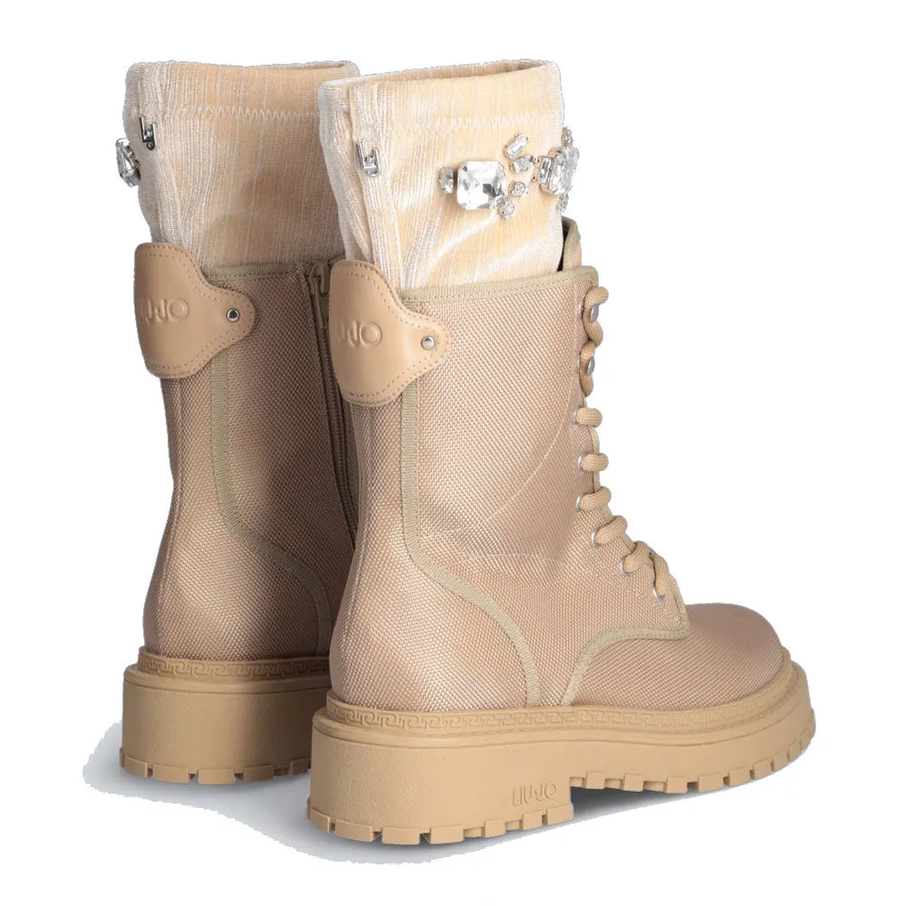 Scarpe Donna LIU JO Rumi 05 Anfibi in Nylon Beige con Ghetta Gioiello Removibile
