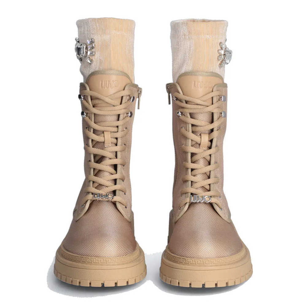 Scarpe Donna LIU JO Rumi 05 Anfibi in Nylon Beige con Ghetta Gioiello Removibile