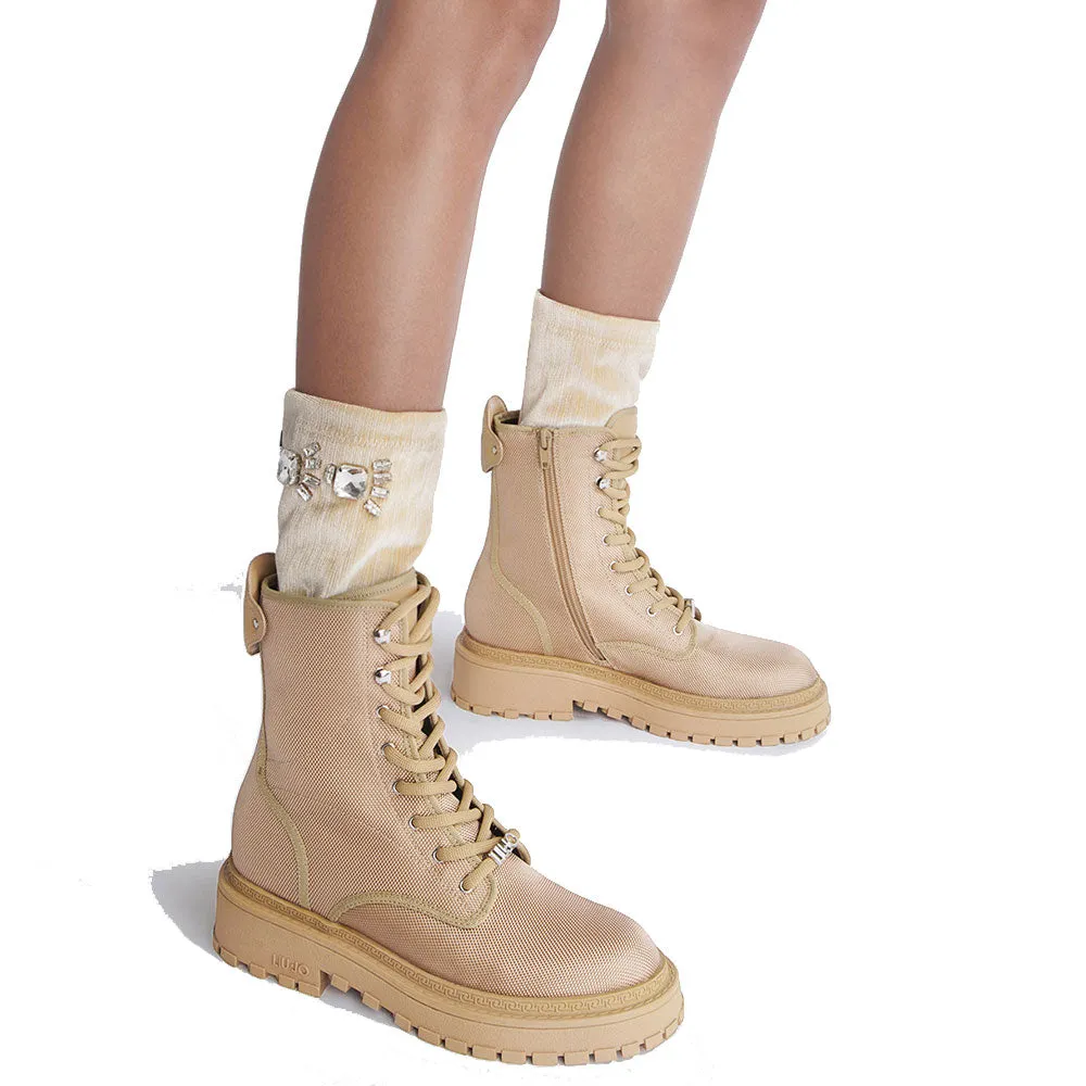 Scarpe Donna LIU JO Rumi 05 Anfibi in Nylon Beige con Ghetta Gioiello Removibile