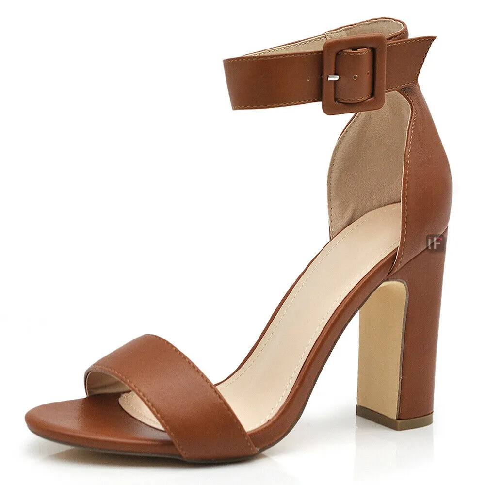 Scarpe Donna Sandali Tacco Alto Grosso Con Cinturino Da Sera D85-21 nero camel